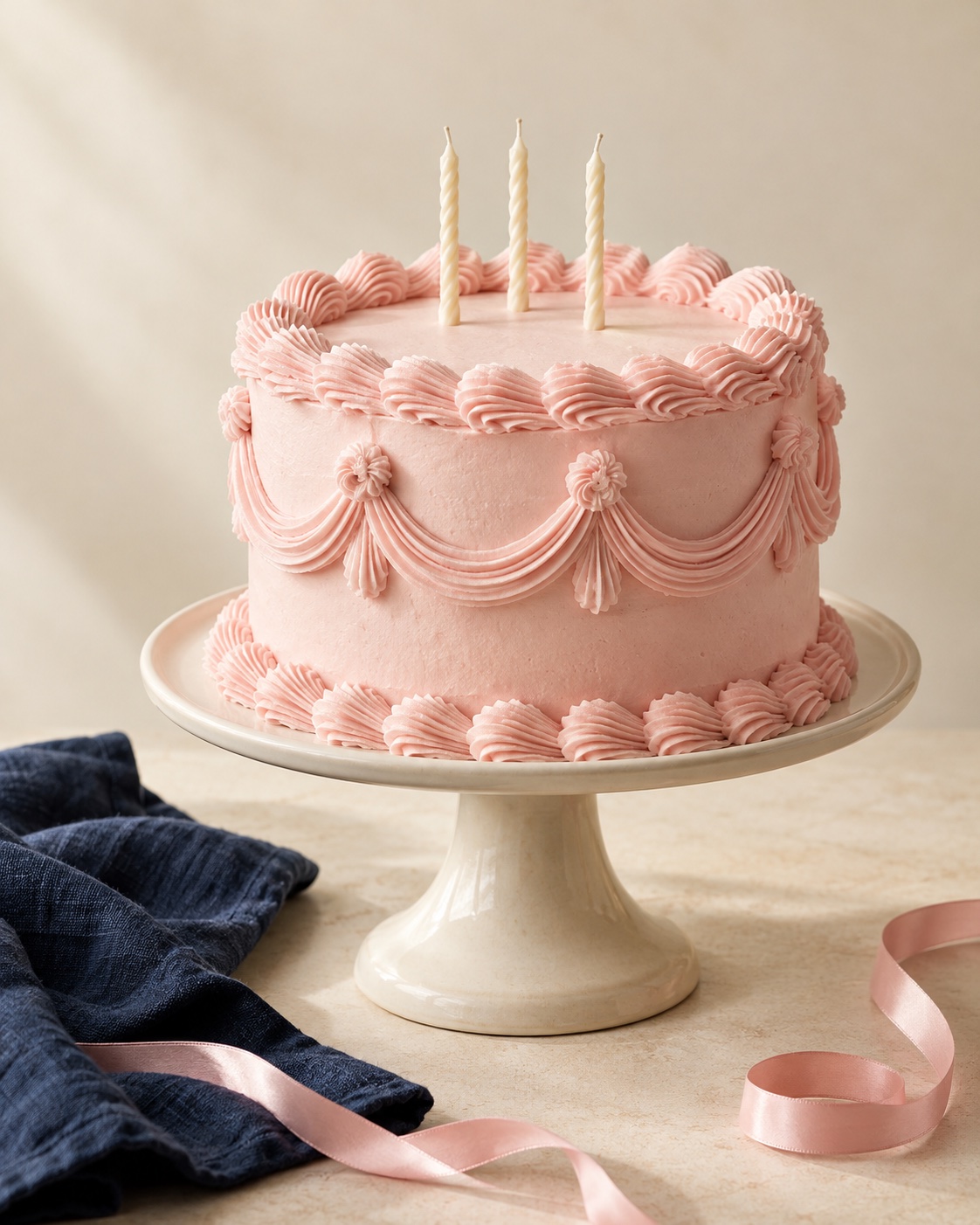 Illustrative pink buttercream celebration cake on a cream stand